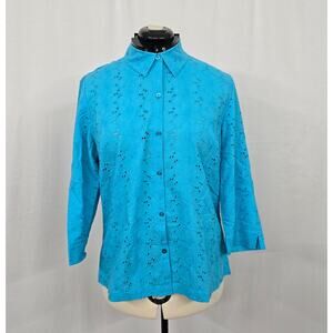 JM Collection Jennifer Moore Button Up Blouse Women's 14 Blue Eyelet Long Sleeve